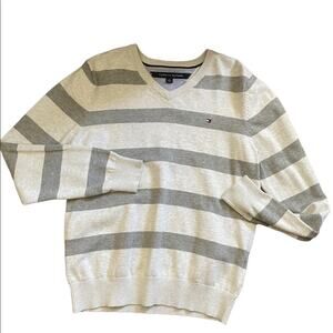 Tommy Hilfiger Pullover Sweater Men S Gray Striped Carrington V-Neck Long Sleeve
